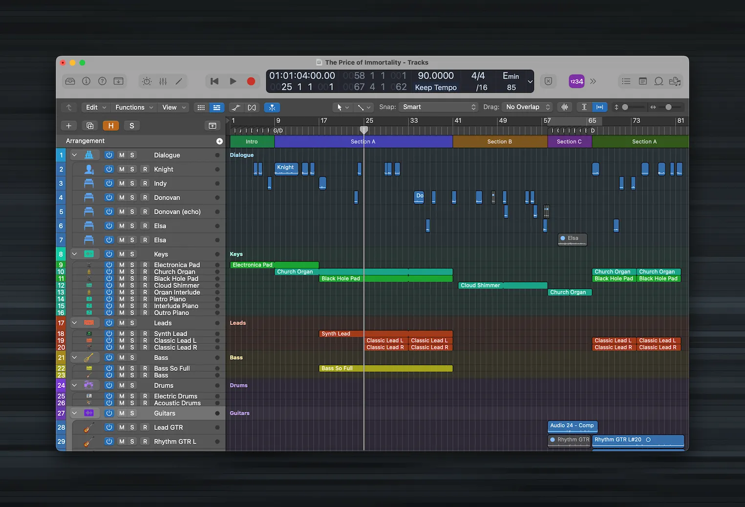 Screenshot of the The Price of Immortality Logic Pro project