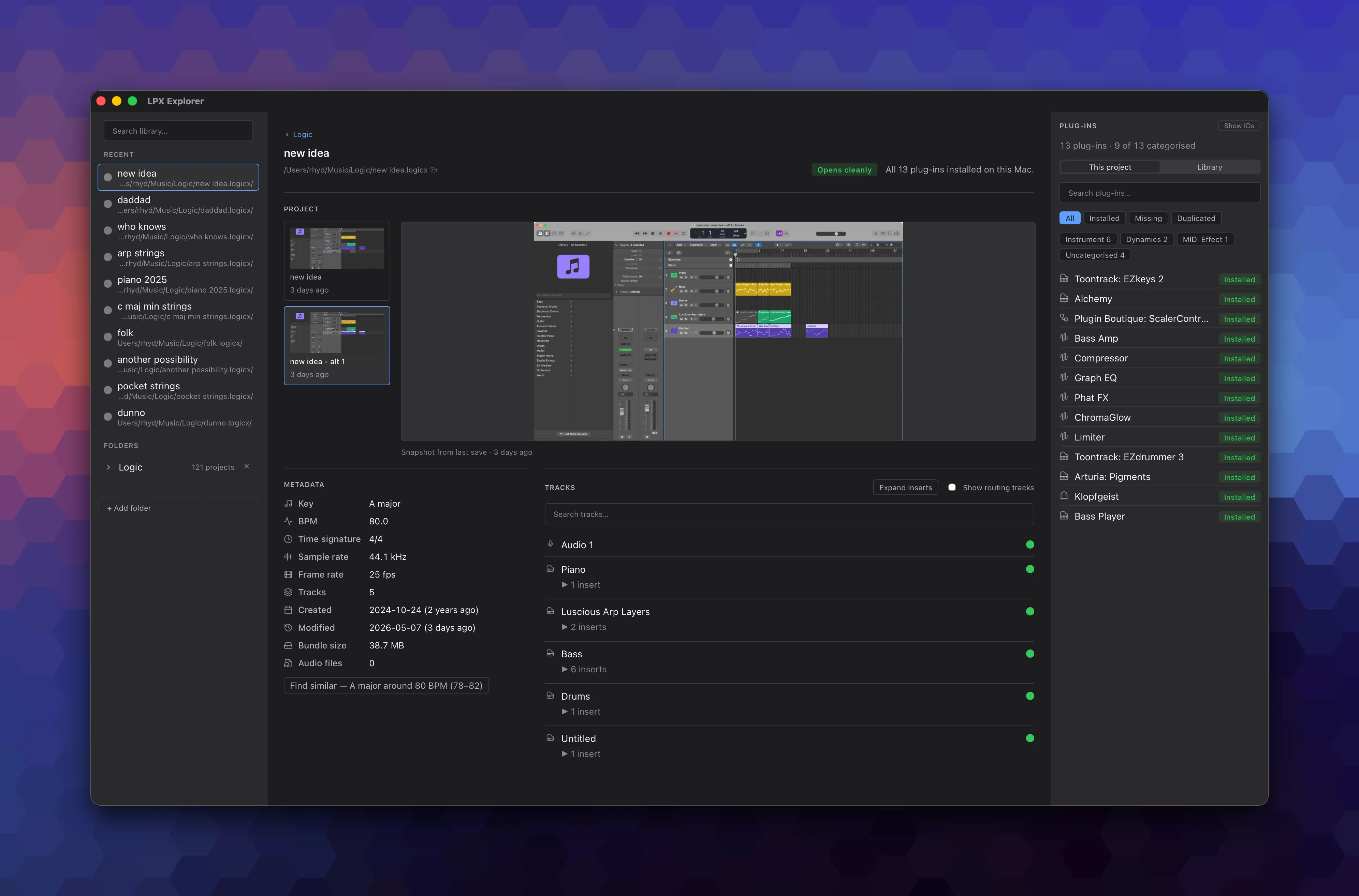 Screenshot of LPX Explorer showing the contents of a Logic Pro X project and plugin stats